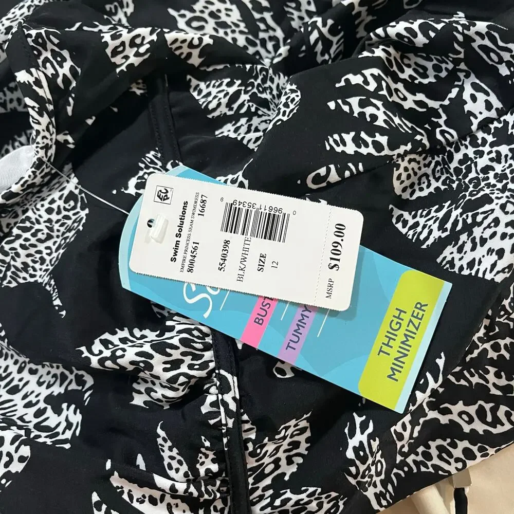 NWT Swim Solutions Black White Palm Print Swim Dress Wmns 12 Resortwear Beach - Picture 9 of 9